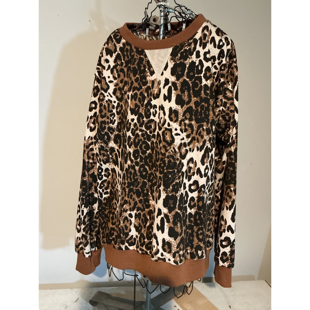 Jodifl Leopard Print‎ Sweatshirt Brown Black Animal Crew Neck Pullover Large
